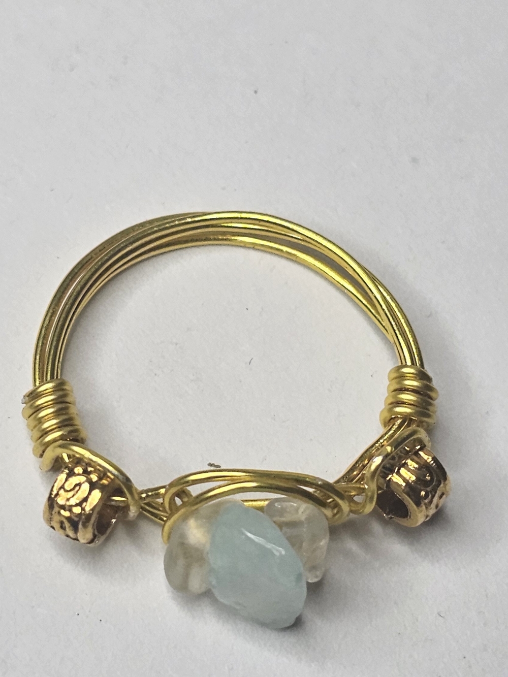 Gold Wire Wrapped Sea Glass Ring — Aquamarine Stone - Picture 5 of 8
